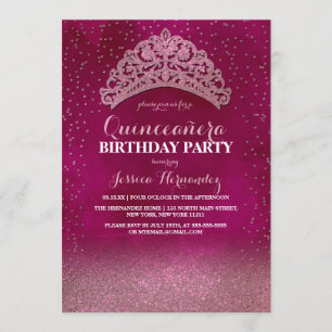 Invitación Neon Pink Confetti Tiara Purpurina de la Corona Qu