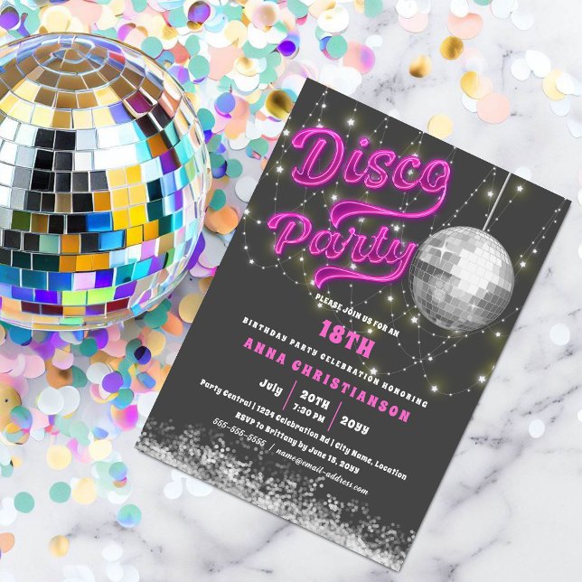 Invitación Neon Pink Disco Birthday Party (Pink neon disco party invitation with string lights and a silver disco ball.  )