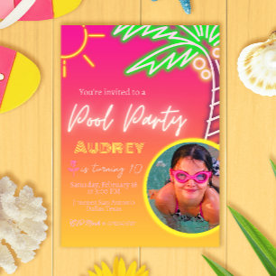 Invitación Neon Pink, Fiesta de la piscina, con foto