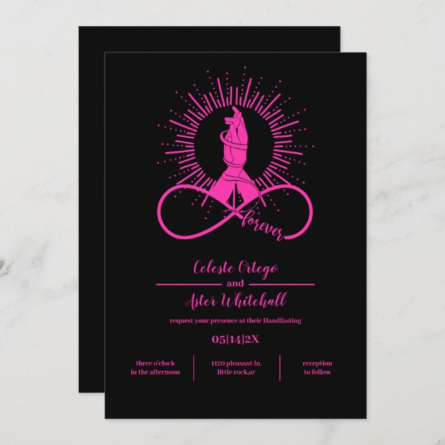 Invitación Neon Pink Forever Hands Mystical Black Handfasting (Anverso / Reverso)