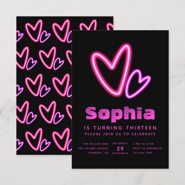 Invitación Neon Pink Hearts Birthday Party (Anverso / Reverso)