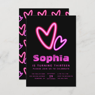 Invitación Neon Pink Hearts Birthday Party