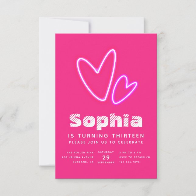 Invitación Neon Pink Hearts Birthday Party (Anverso)
