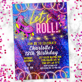 Invitación Neon Pink Let's Roll Chica Roller Skating Fiesta