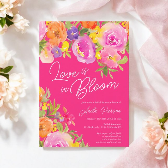 Invitación Neon Pink Negrita Floral acuarela ducha de novia (Neon Pink Bold floral watercolor bridal shower Invitation)