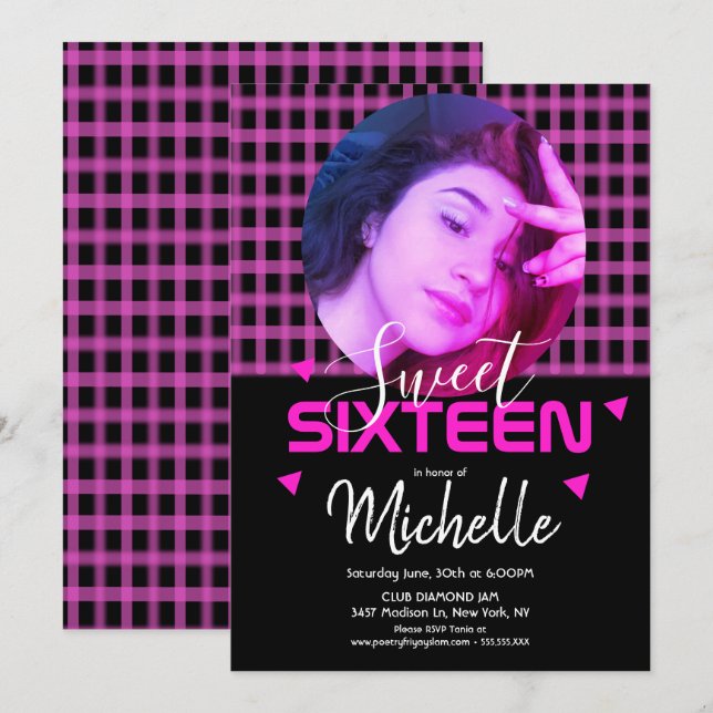 Invitación Neon Pink Sweet Dieciséis Cuadrícula de Fotografía (Anverso / Reverso)