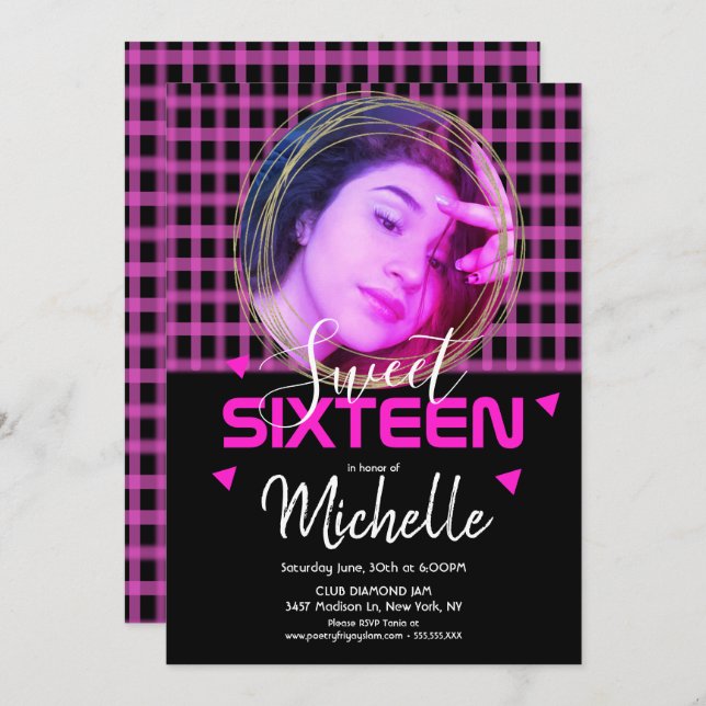Invitación Neon Pink Sweet Sixteen Gold Ring Photo Grid (Anverso / Reverso)