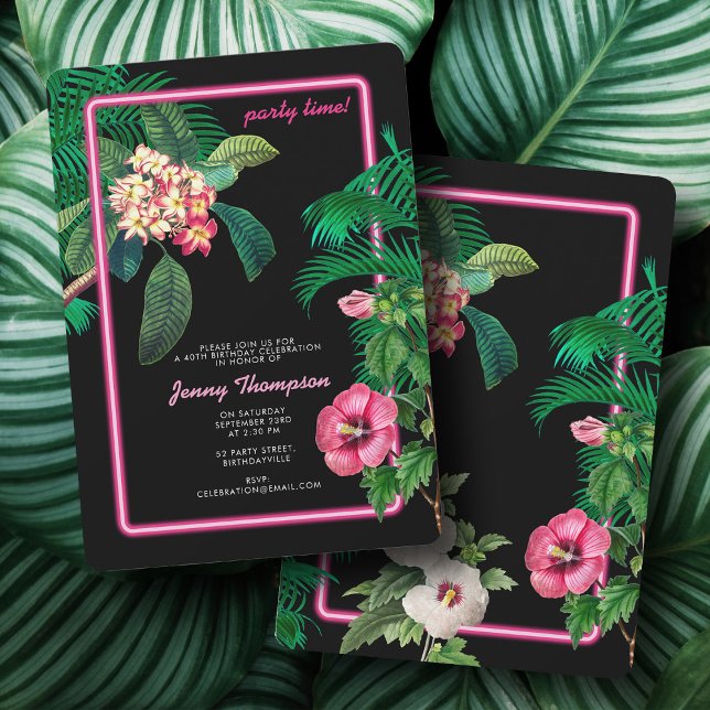 Invitación Neon Pink Tropical Botanicals Birday Party (Neon Pink Tropical Botanicals Birthday Party Invitation)