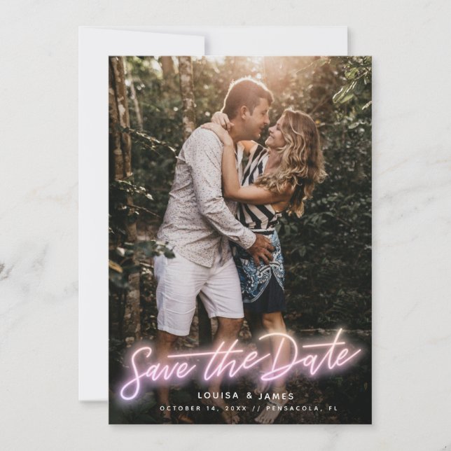 Invitación Neon Pink Vertical Photo Save the Date (Anverso)