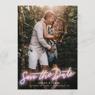 Invitación Neon Pink Vertical Photo Save the Date