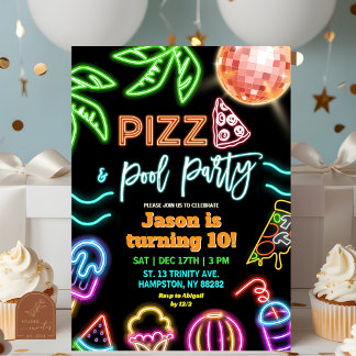 Invitación Neon Pizza Pool Fiestas Niños Cumpleaños