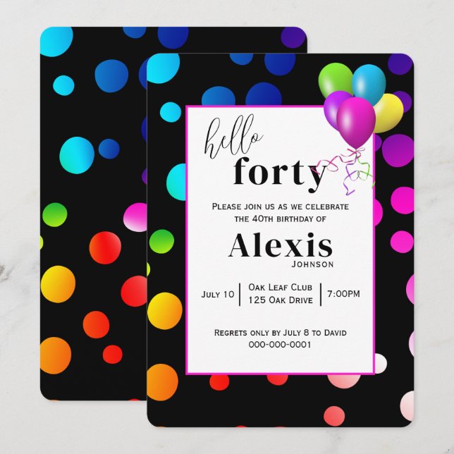 Invitación Neon Polka Dots para el Fiesta de cumpleaños 40 (Anverso / Reverso)