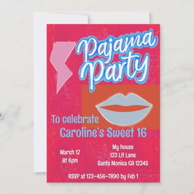 Invitación Neon Preppy Pajama Fiesta Cumpleaños (Anverso)