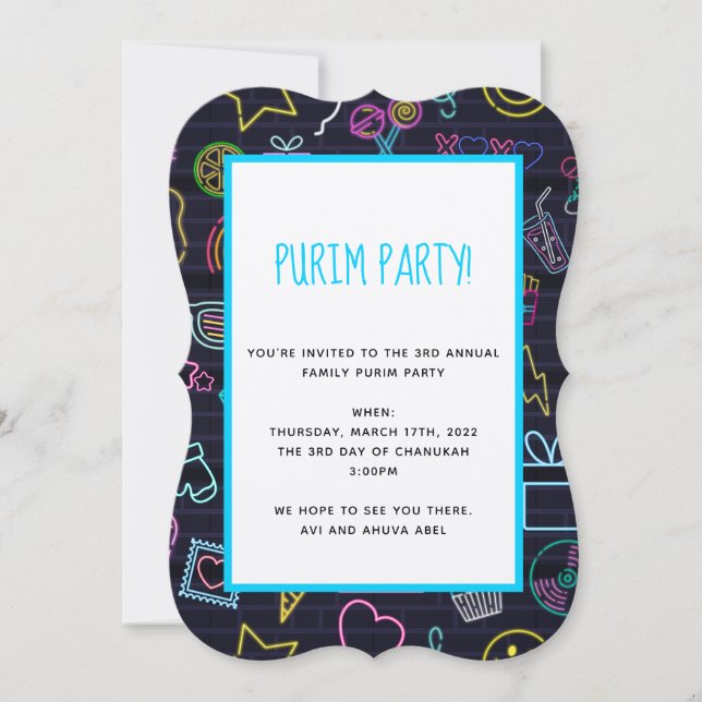 Invitación Neon Purim (Anverso)