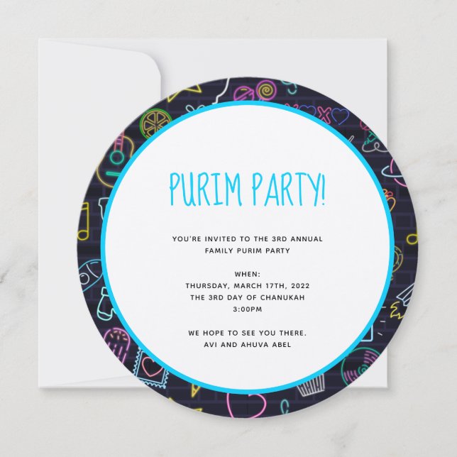 Invitación Neon Purim (Anverso)