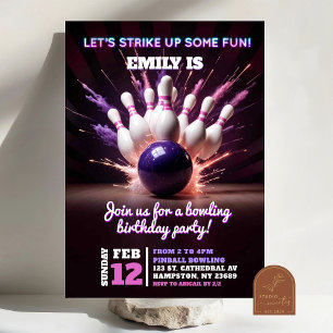 Invitación Neon Purple Cosmic Bowling Strike Up Birthday