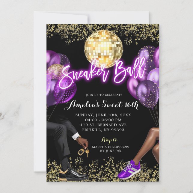 Invitación Neon Purple Disco Sneaker Ball Chica Cumpleaños (Anverso)
