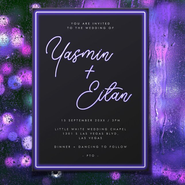 Invitación Neon Purple Glow Black Modern Boda de doble cara (In Situ)