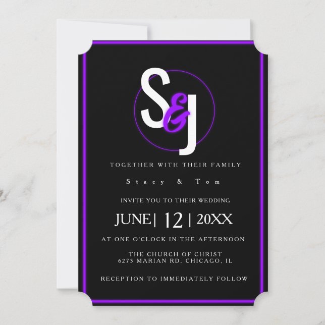 Invitación Neon Purple Modern Glam Glow Boda Suite (Anverso)
