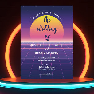 Invitación Neon Purple Retro 80 Synthwave Sunset Boda