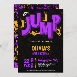 Invitación Neon Purple Yellow Paint Trampoline Fiesta Cumplea