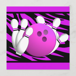 Invitación Neon Purple Zebra Stripe Bowling Fiesta