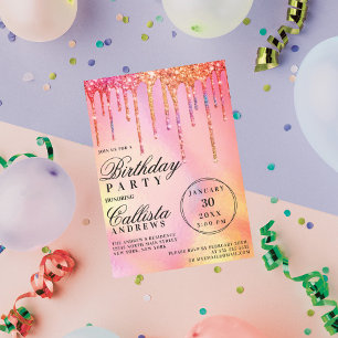 Invitación Neon Rainbow Holographic Purpurinas Drithday Cumpl