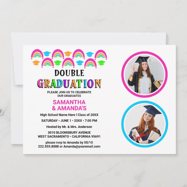 Invitación Neon Rainbow Photo Double Graduation Party (Anverso)