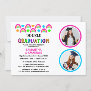 Invitación Neon Rainbow Photo Double Graduation Party