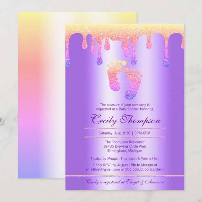Invitación Neon Rainbow Purpurina Driss Luxury Baby Feet Show (Anverso / Reverso)