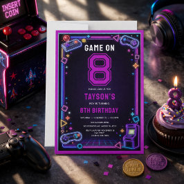 Invitación Neón Resplandor Juego Retro Arcade Cumpleaños 8