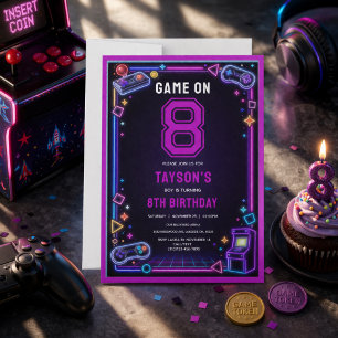 Invitación Neón Resplandor Juego Retro Arcade Cumpleaños 8