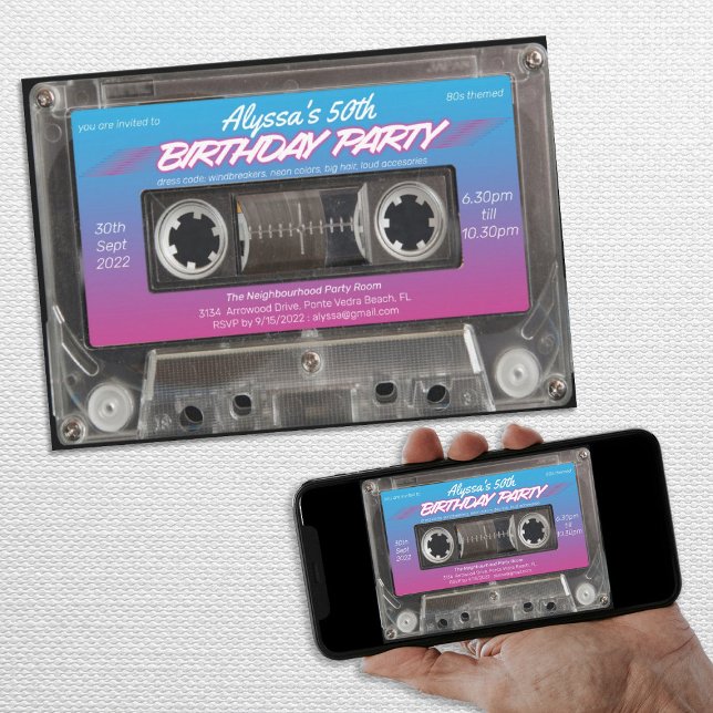Invitación Neon Retro 80 Cassette 50 cumpleaños (Neon Retro 80s Cassette 50th Birthday Party Invitation)