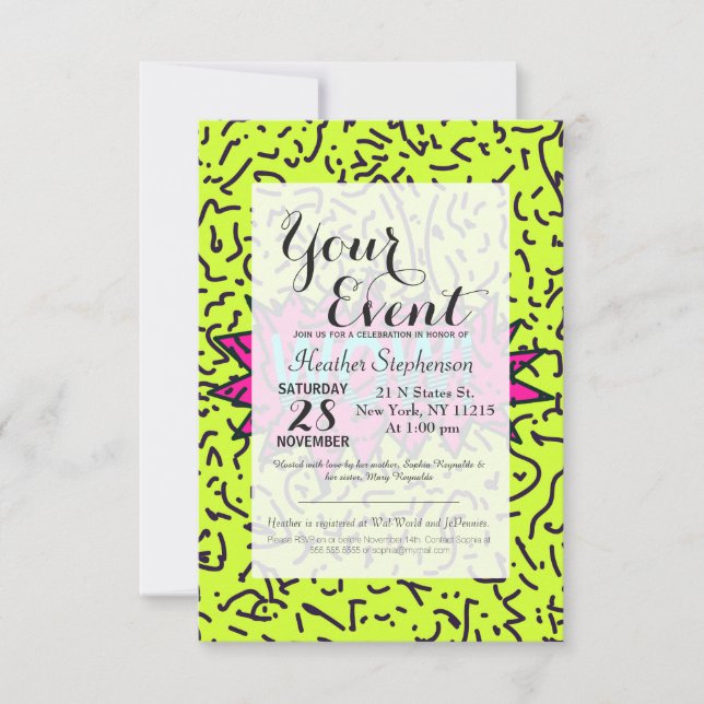 Invitación ¡Neon Retro 80's 90 Scribled Wow!Tipografía (Anverso)