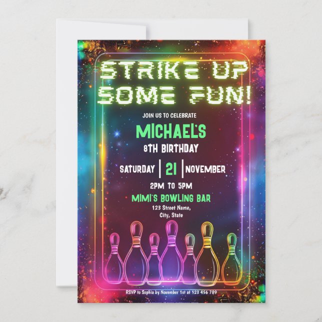 Invitación Neon Retro Bowling Strike Un Fiesta Divertido (Anverso)