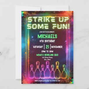 Invitación Neon Retro Bowling Strike Un Fiesta Divertido