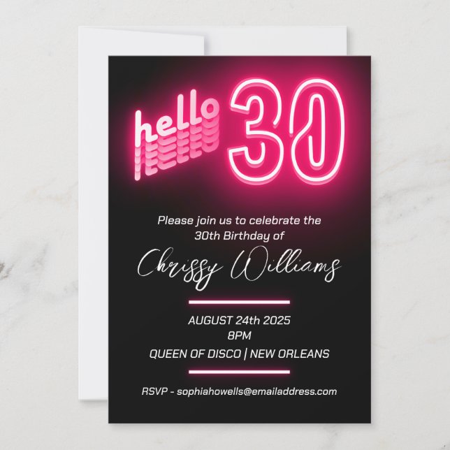 Invitación Neón retro rosado 30 Fiesta de cumpleaños (Anverso)
