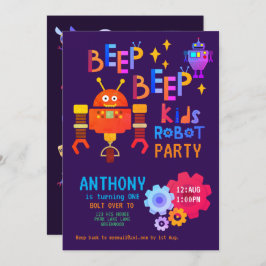 Invitación NEON ROBOT Fiesta Niños Chica Primer Día Diversión