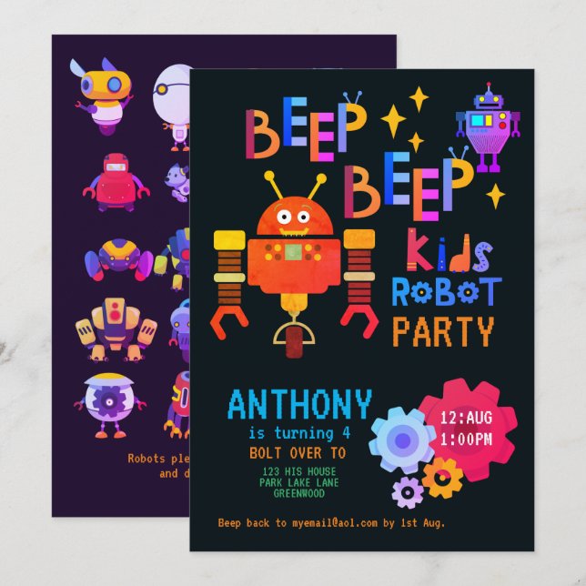 Invitación Neon ROBOT FIESTA Niños Chicas de cumpleaños temát (Anverso / Reverso)