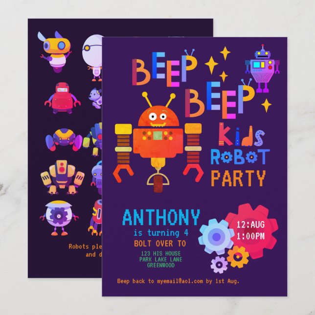Invitación Neon ROBOT FIESTA Niños Chicas de cumpleaños temát (Anverso / Reverso)