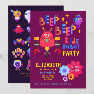 Invitación Neon ROBOT FIESTA Niños Chicas rosados de cumpleañ