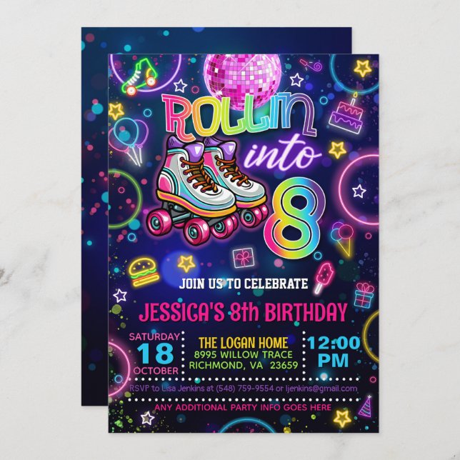Invitación Neon Roller Skate 8Invitación de cumpleaños (Anverso / Reverso)