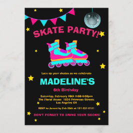 Invitación Neon Roller Skate Chalkboard Disco Estrellas Cumpl