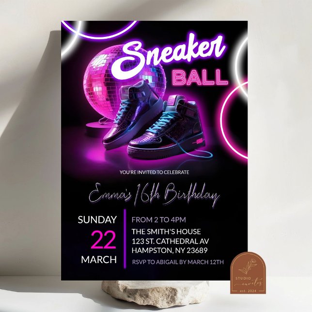 Invitación Neón rosado púrpura Discoball Sneakerball Cumpleañ (Subido por el creador)