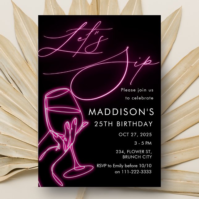 Invitación Neon rosado vamos a beber Chicas de cumpleaños por (Pink Neon Let's Sip Wine Birthday Girls Night Out Invitation)