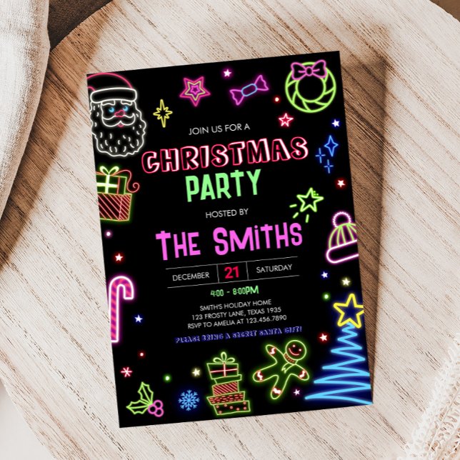 Invitación Neon Santa Modern Navidades Fiesta (Modern Neon Santa Christmas Party Invitation)