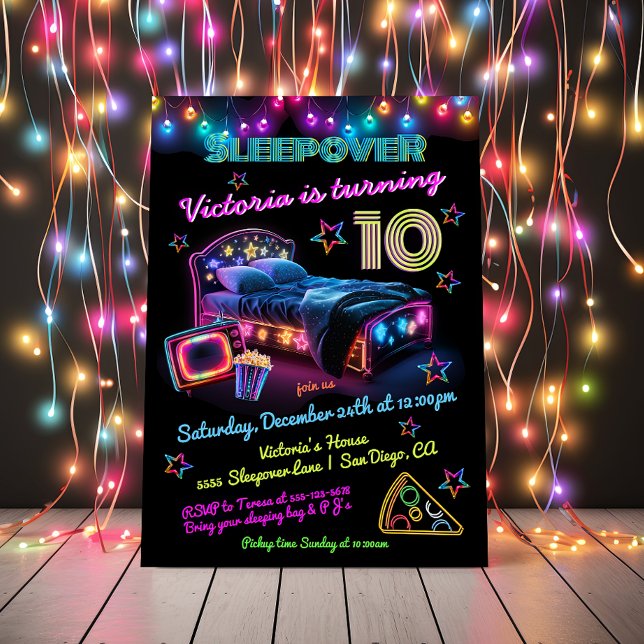 Invitación Neon Sleepover Pajama Fiesta Cumpleaños (Subido por el creador)
