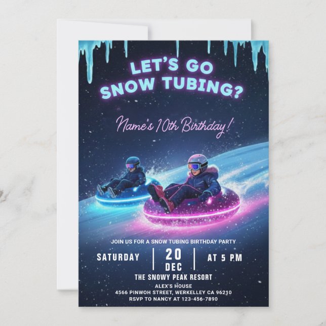 Invitación Neon Snow Tubing Birthday Invitation Winter Party (Anverso)