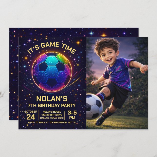 Invitación Neon Soccer Birthday Photo Invitation (Anverso / Reverso)