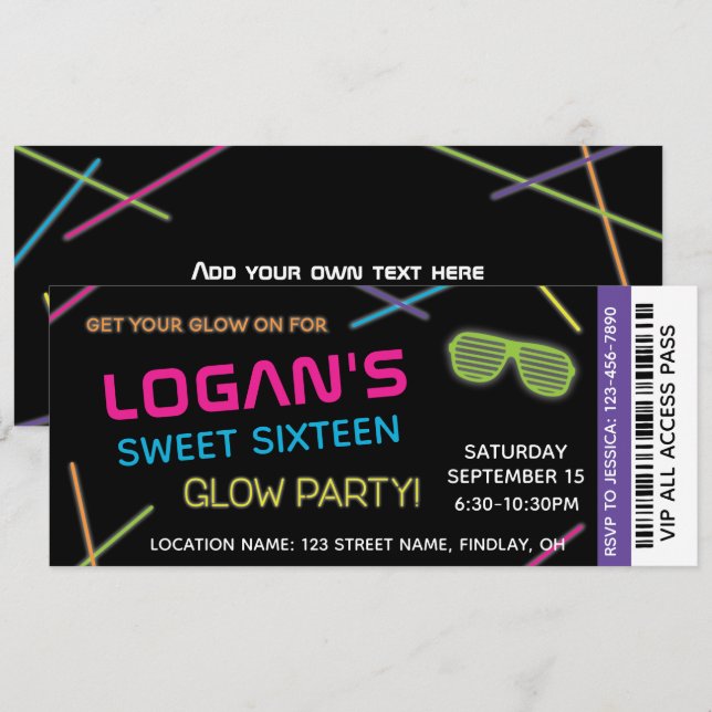 Invitación Neon Sweet 16 Birthday Glow Fiesta (Anverso / Reverso)